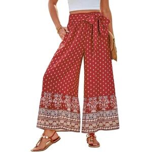 Grace Karin Red Boho Wide Leg Pants with Floral Border
